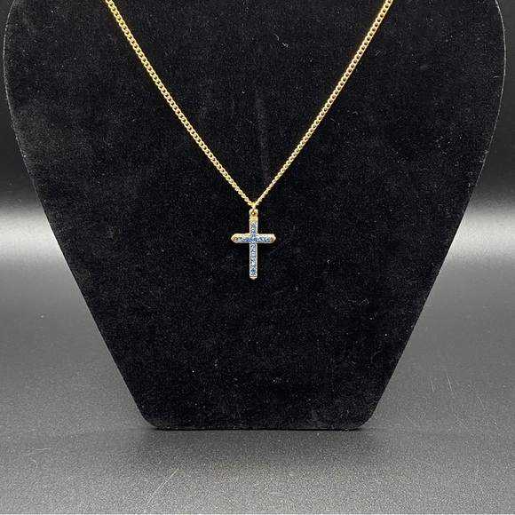 Goldtone Cross Necklace Blue Rhinestone Cross Pendant Vintage Necklace - Picture 6 of 6